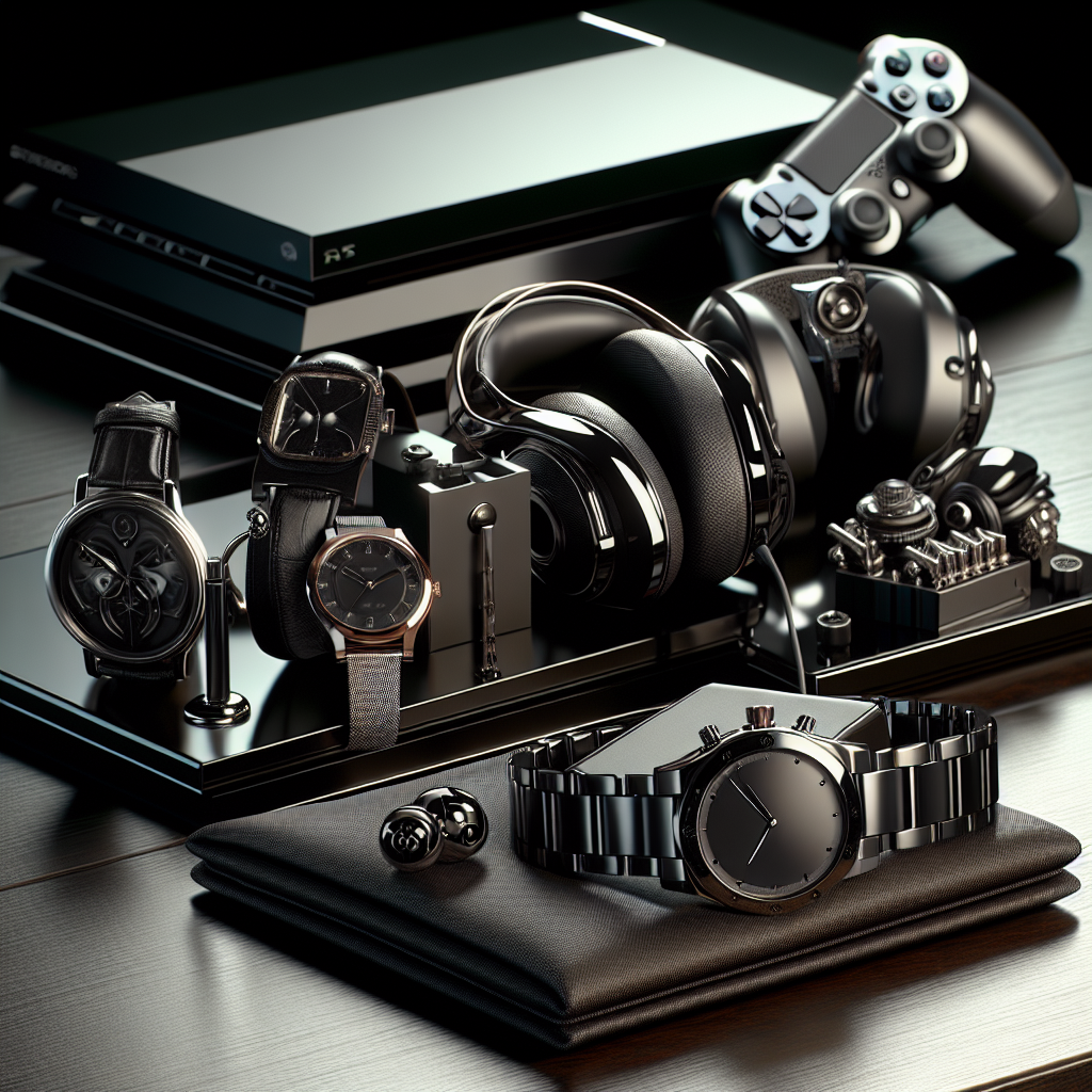 A realistic gentlemen's set inspired by gaming with a gaming console, headphones, and a stylish watch.