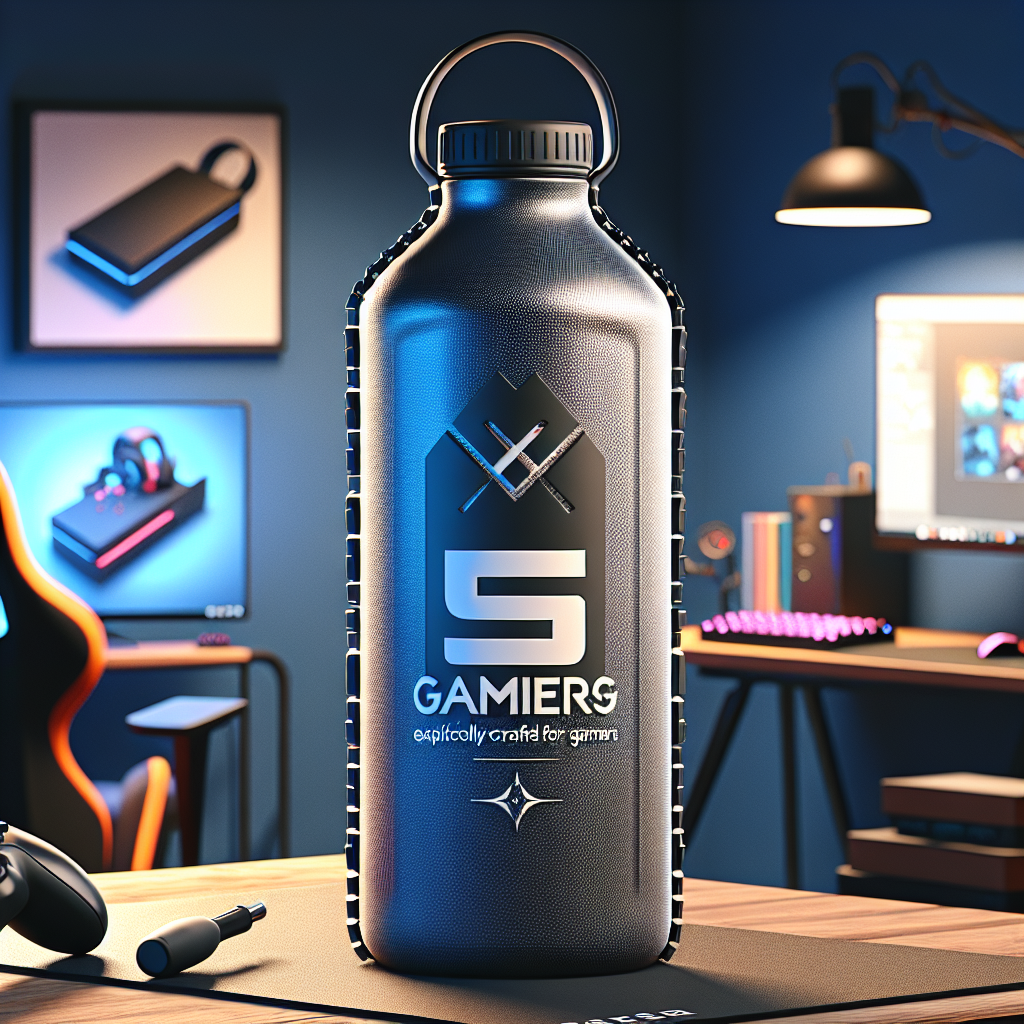 Realistic image of a gamer-themed water bottle.