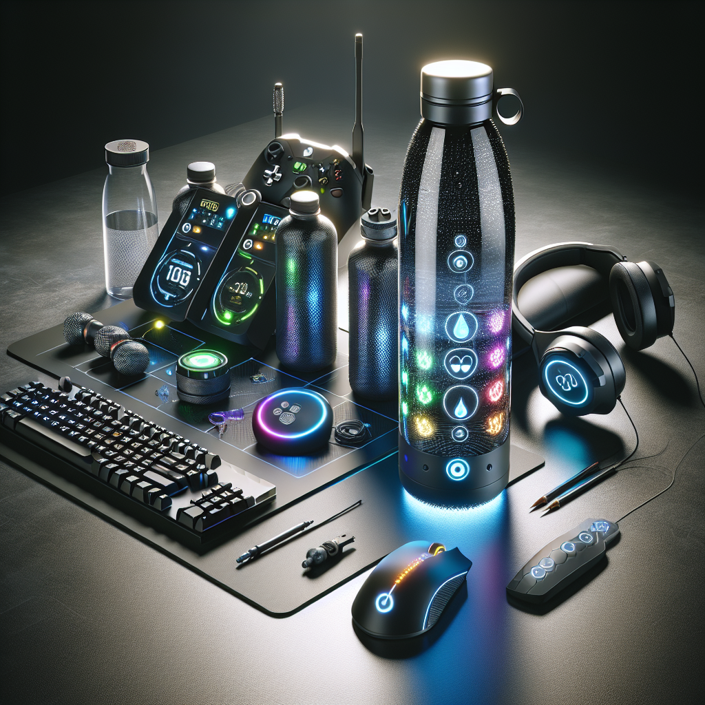 Futuristic water bottle for gamers with LED lights and digital displays, set on a gaming desk with accessories.