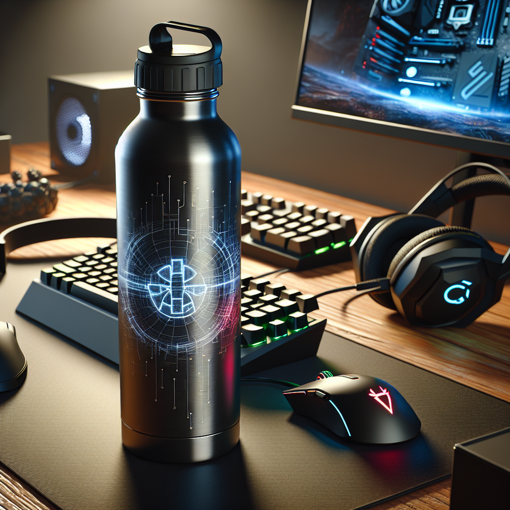 A realistic image of a gamer-themed water bottle on a desk with gaming accessories.