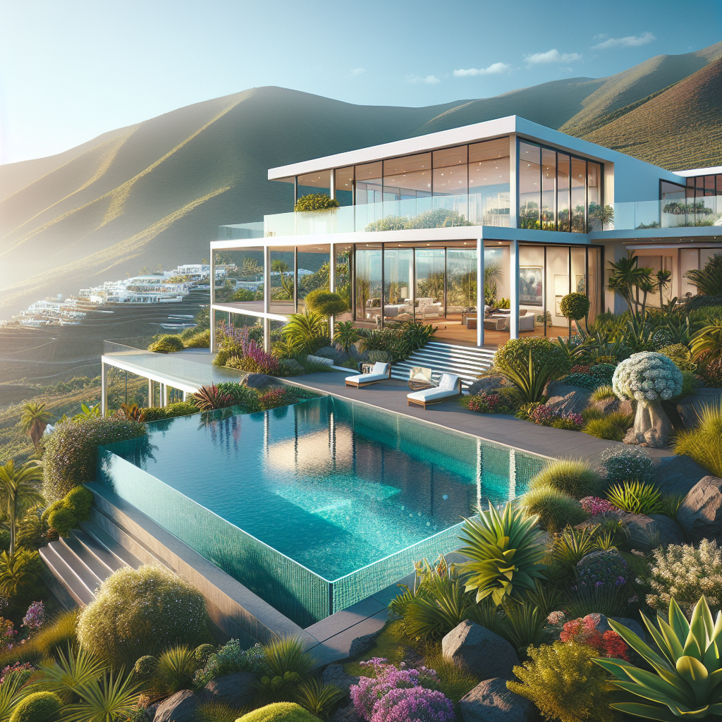 A luxurious villa in Tenerife with an infinity pool, ocean views, and lush gardens.