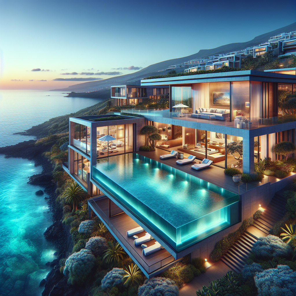 A realistic image of a luxury villa in Tenerife with a modern design, glass windows, infinity pool, and ocean view at sunset.