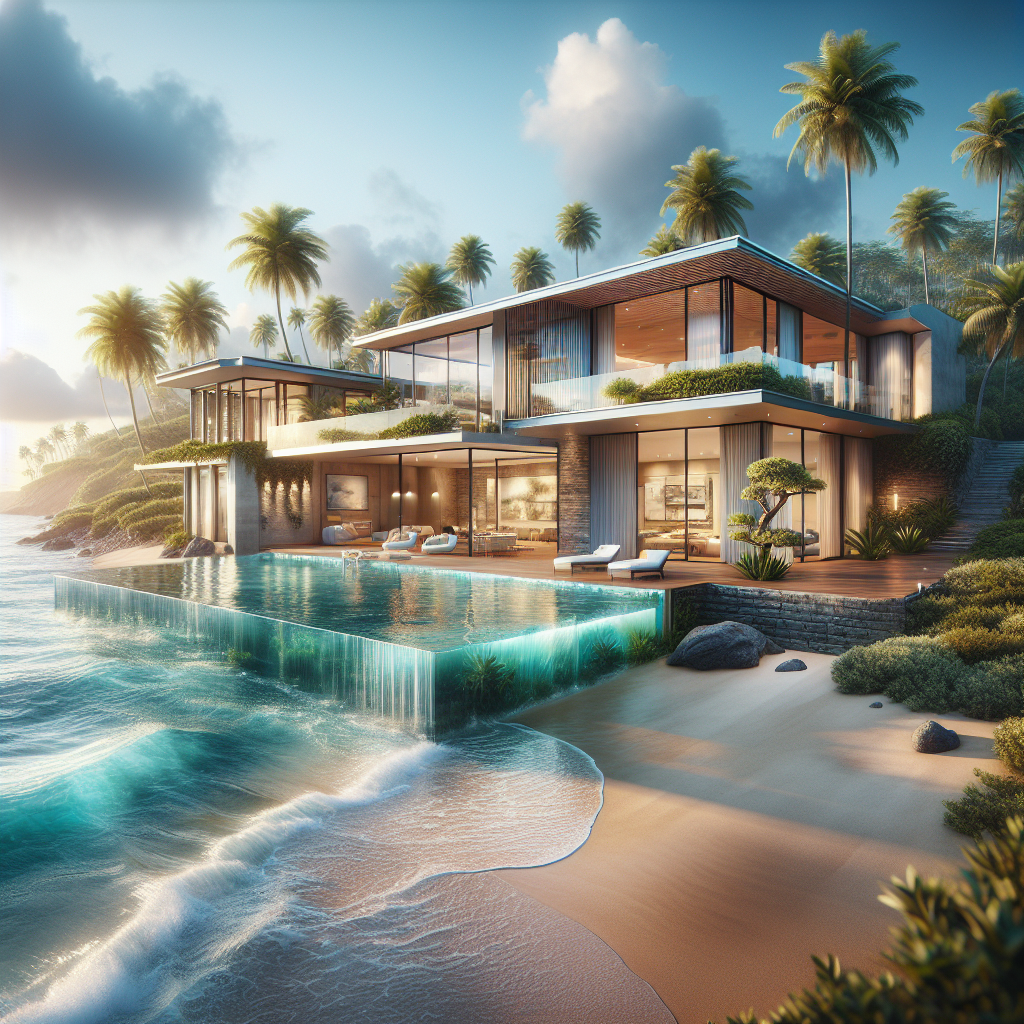 A luxurious beachfront villa in the Canary Islands with modern design, glass windows, and a pool, set against a backdrop of ocean waves and clear skies.