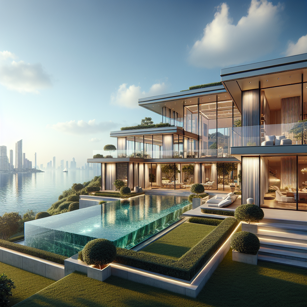 A luxurious seafront villa in Santa Cruz de Tenerife with a private pool and landscaped gardens, city skyline in the background.