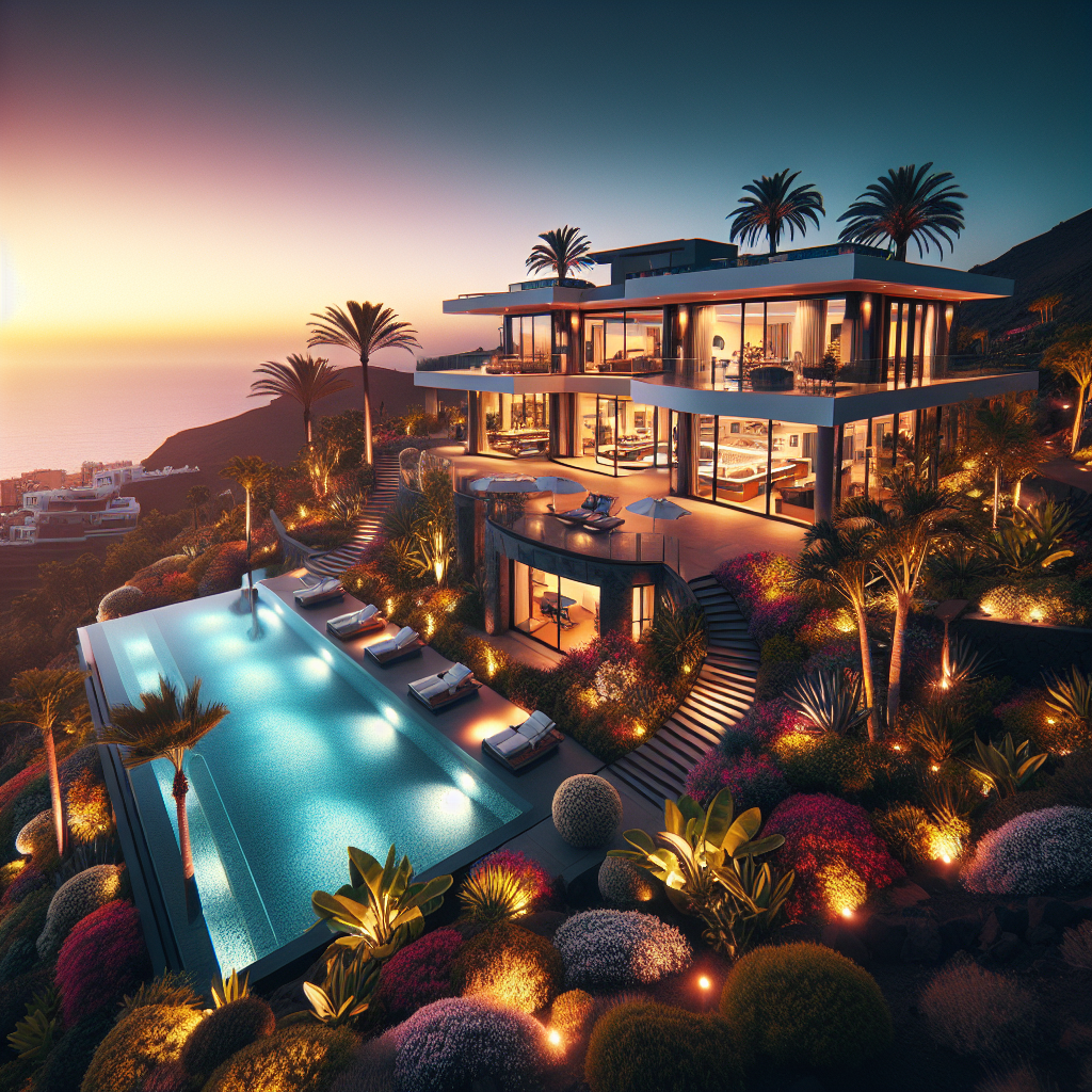 A luxurious estate in Tenerife featuring a modern villa with panoramic ocean views, lush gardens, and an infinity pool.