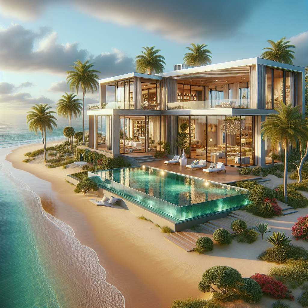 A modern, luxurious beachfront villa in the Canary Islands, with an infinity pool and tropical landscaping.