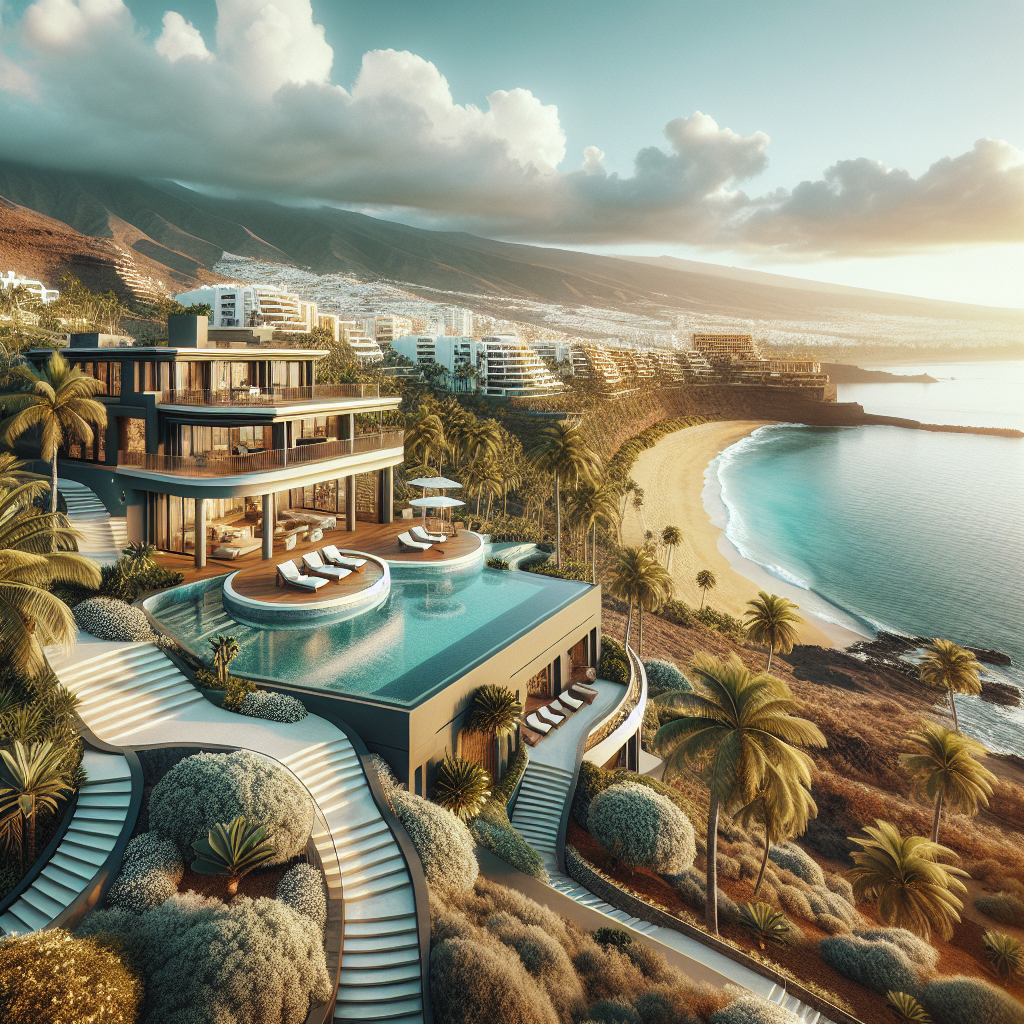 Luxury estates in Tenerife with modern villas overlooking the ocean and vibrant cityscape.