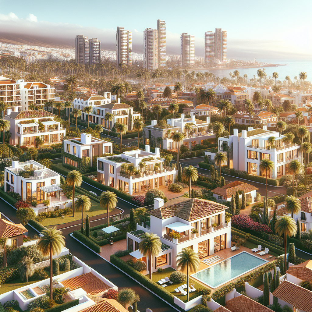 A realistic depiction of Santa Cruz de Tenerife real estate market with luxurious villas, chic apartments, and commercial properties.