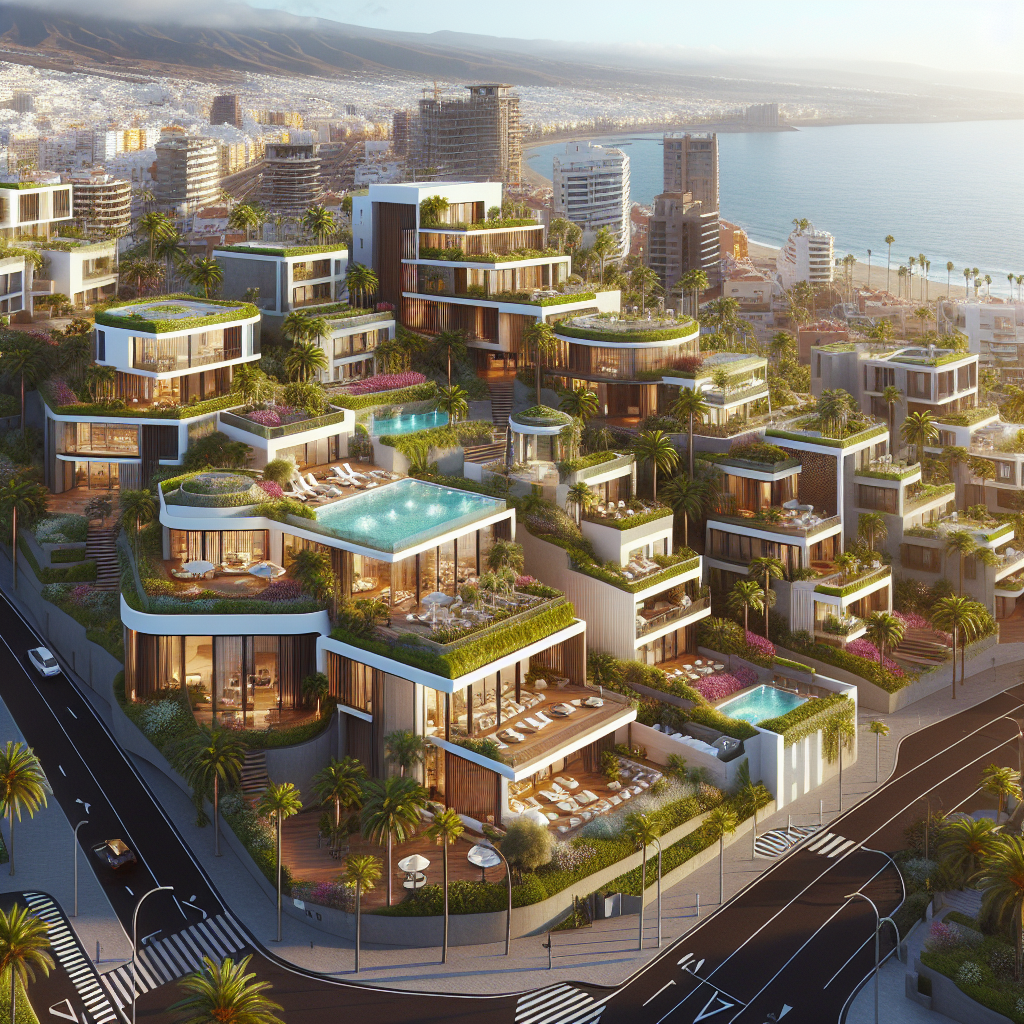 A vibrant and dynamic cityscape of Santa Cruz de Tenerife, highlighting luxurious villas, chic apartments, and modern commercial buildings.