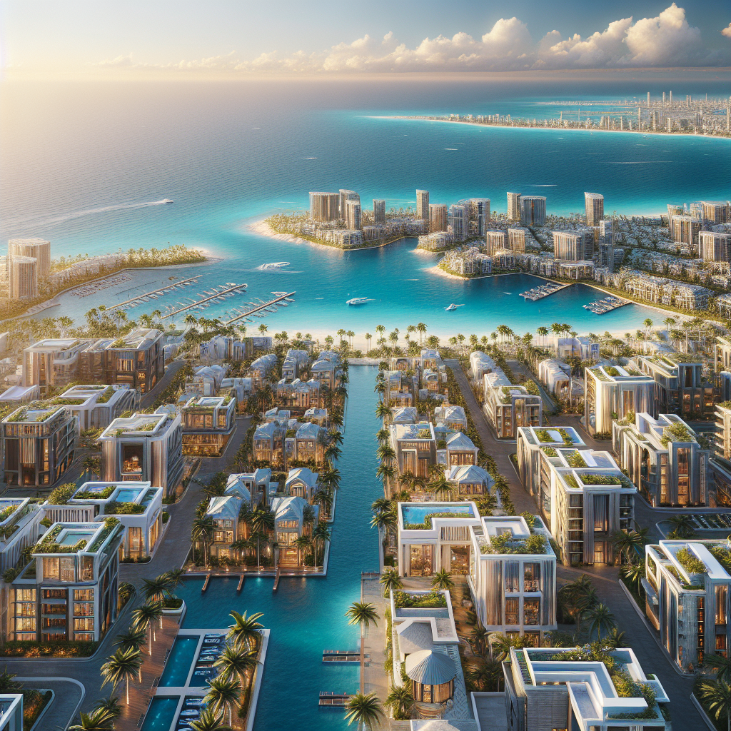 Panoramic view of Santa Cruz de Tenerife real estate including ocean-view villas, city center apartments, and a commercial area with tropical landscapes.