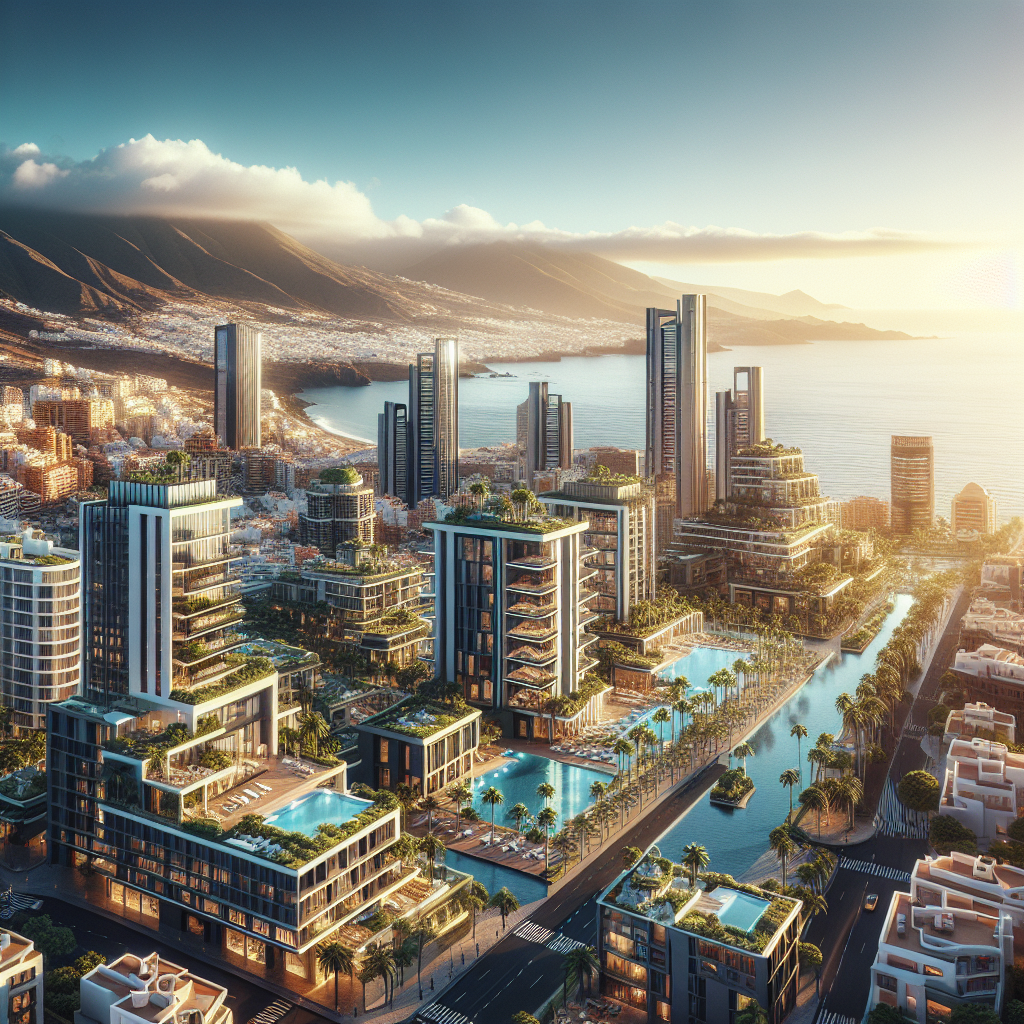 A realistic image of Santa Cruz de Tenerife showing modern cityscape, villas, and landscapes.