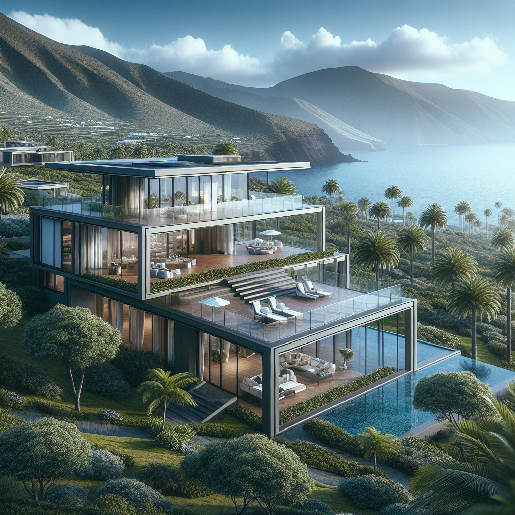 Luxury villa in the Canary Islands with modern architecture, ocean view, and lush surroundings.
