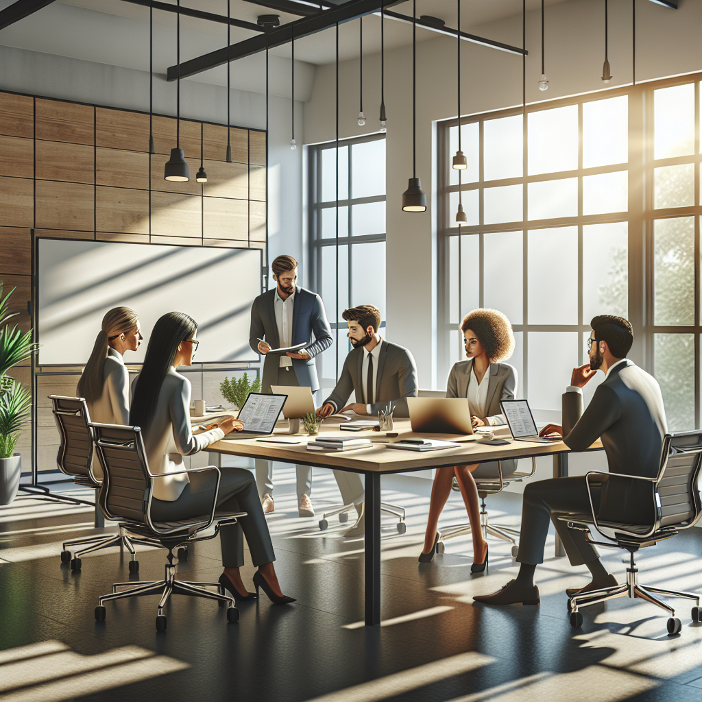 Modern office with professionals in a meeting, representing K L AU Consultants Pte Ltd.