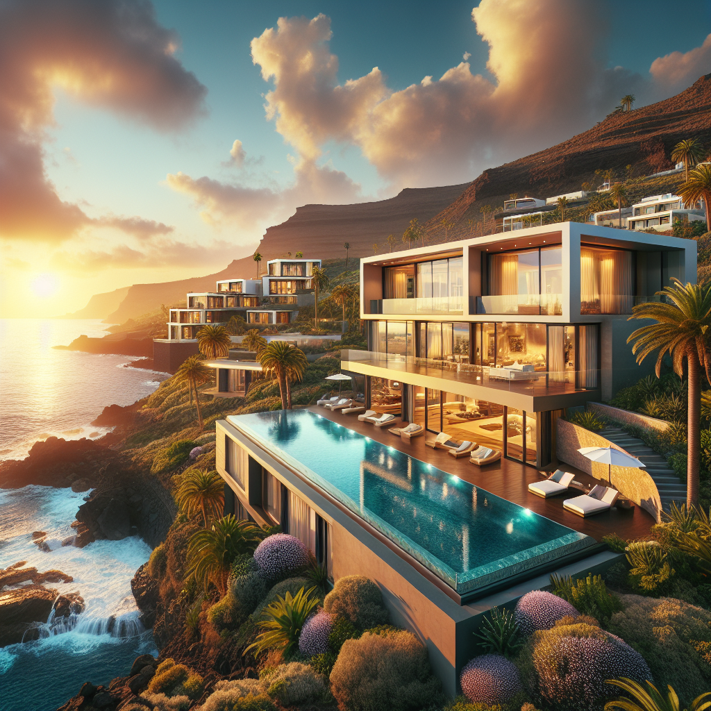 Luxury seaside villa in Tenerife with panoramic Atlantic Ocean views, surrounded by lush greenery and an infinity pool.