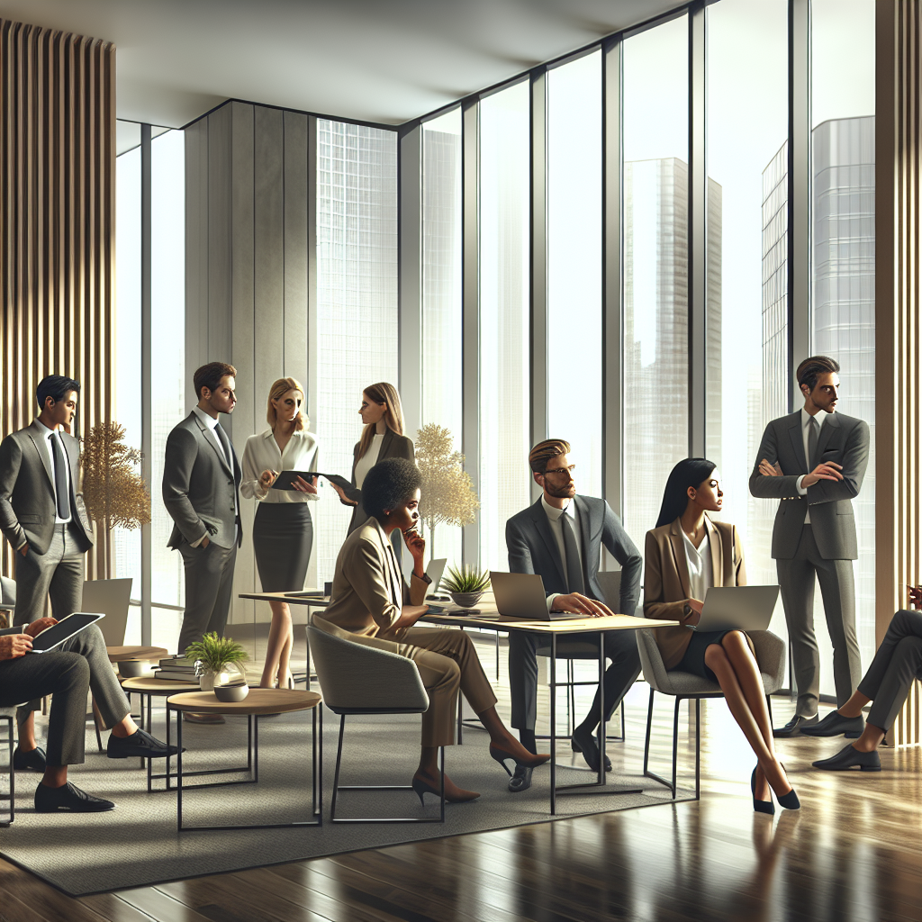 A modern office workspace with a team of consultants collaborating, dressed in professional business attire.