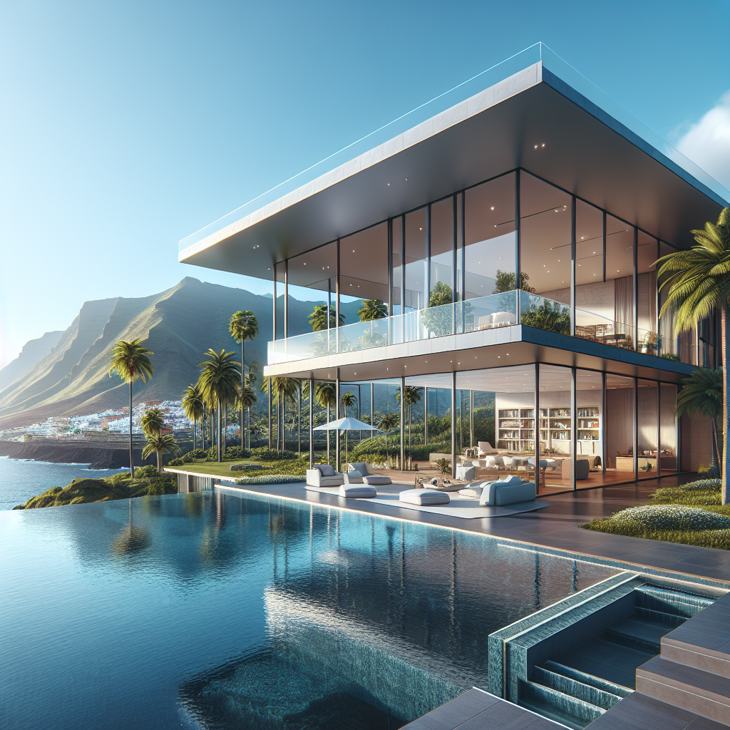 Luxury seaside villa in Tenerife with panoramic ocean views, modern design, and sunny landscape.