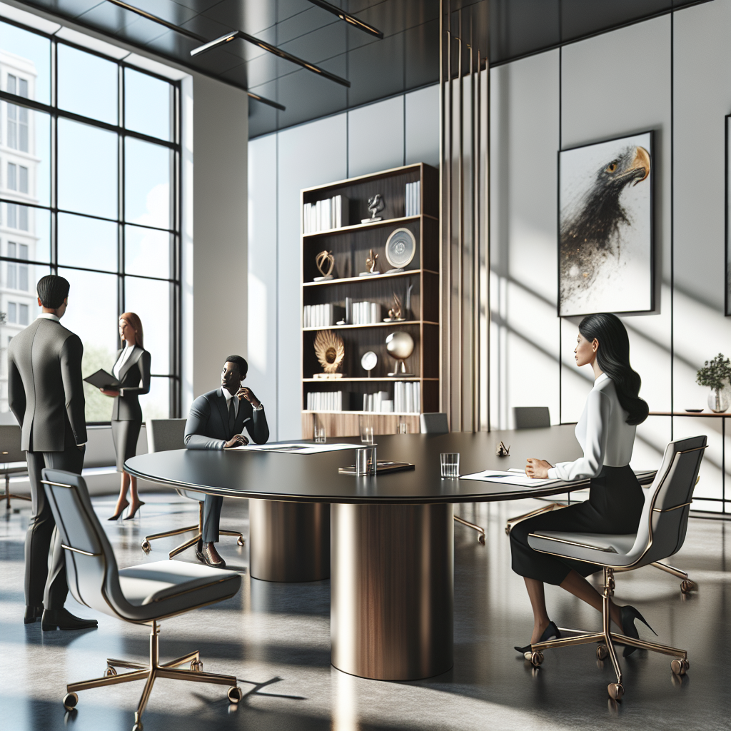 Professional business consulting office with consultants in discussion around a modern conference table.