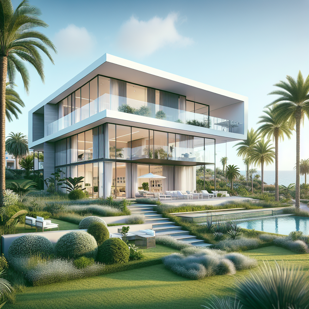 A luxurious modern villa in the Canary Islands overlooking the Atlantic Ocean, surrounded by lush greenery and palm trees.