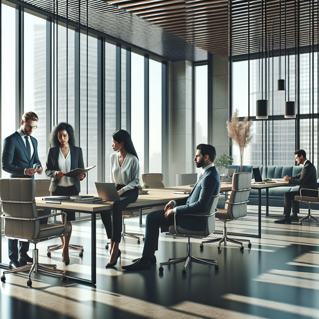 Professional business setting with diverse group of professionals in a modern office.