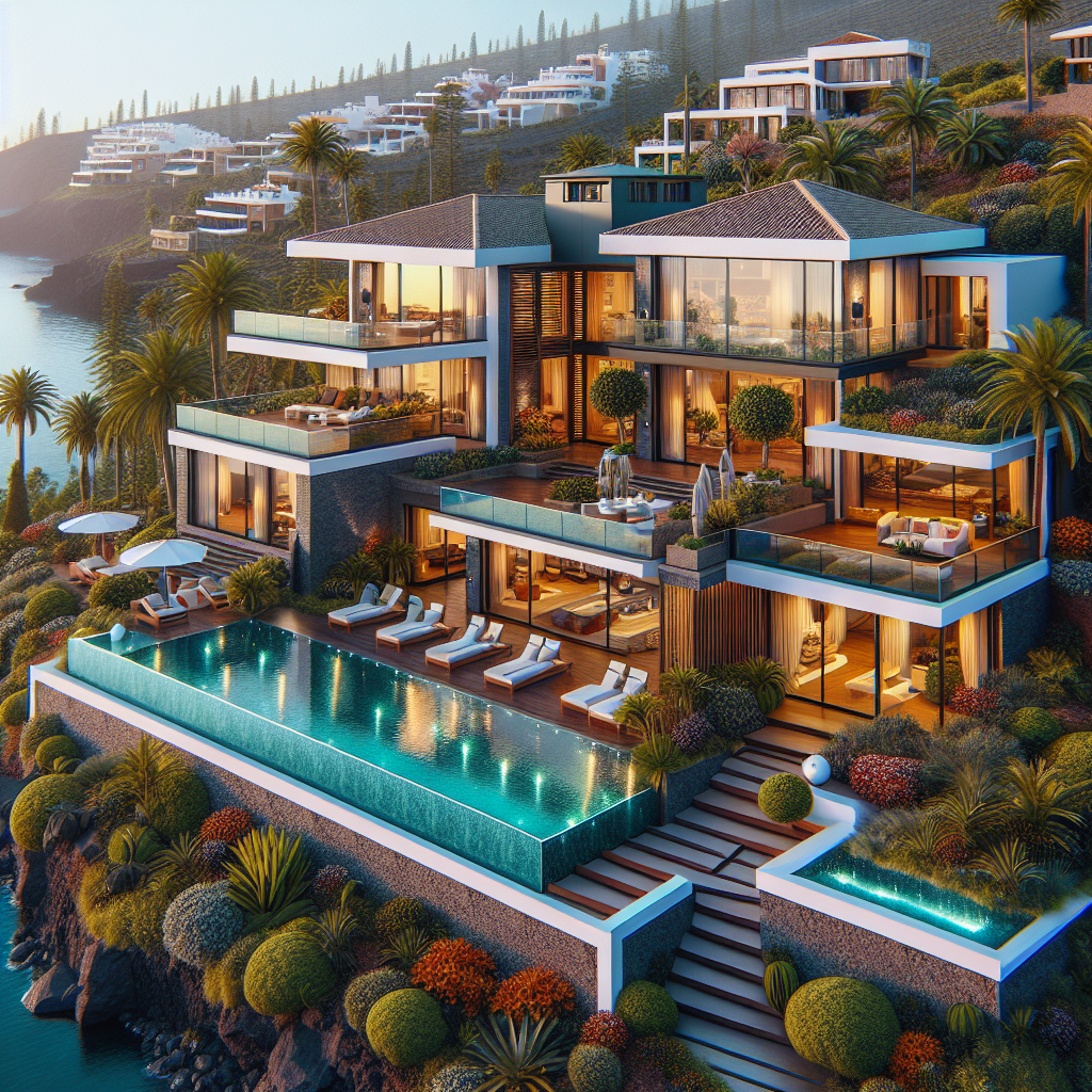 A luxury home in Tenerife with modern design, a terrace, infinity pool, and tropical gardens.