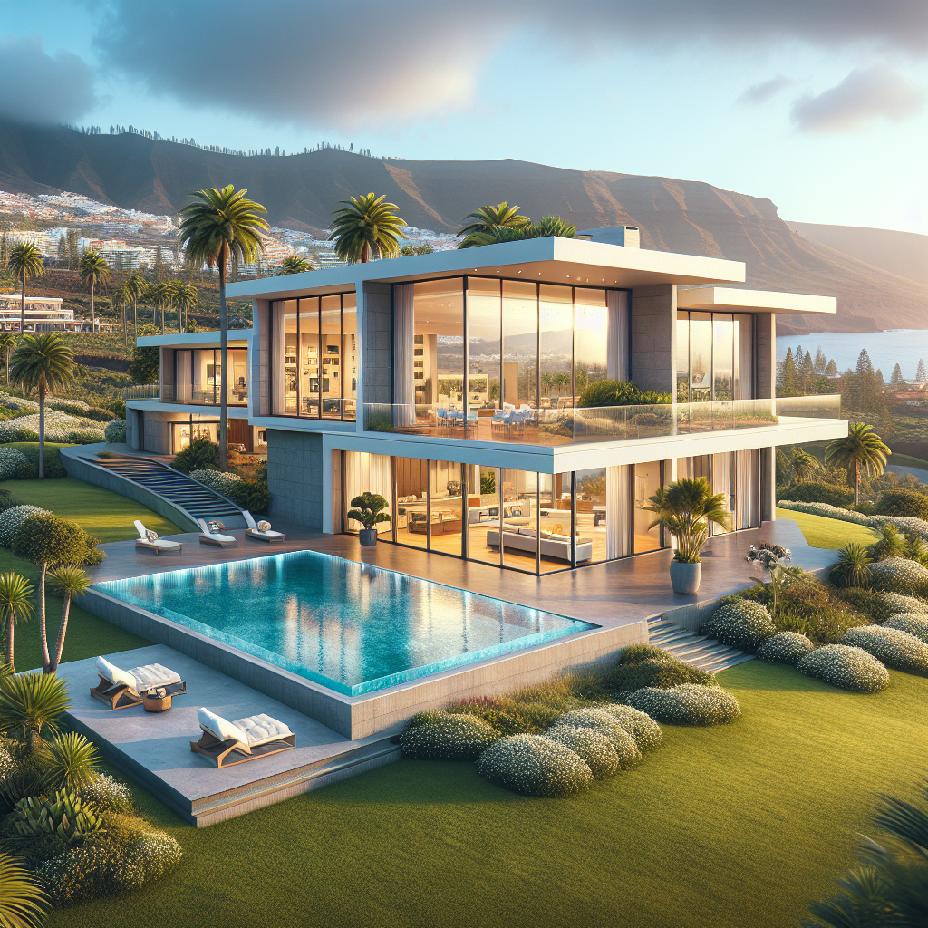 A luxurious modern home in Tenerife with large glass windows, green lawns, and a swimming pool, set against a coastal and mountainous background.