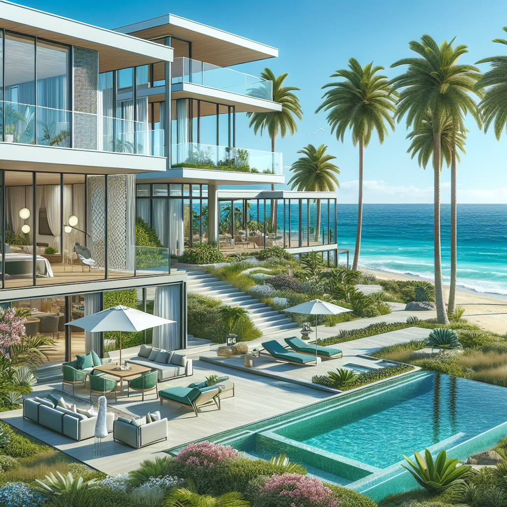 A realistic image of luxury properties in the Canary Islands with beachfront views, modern villas, and lush landscapes.