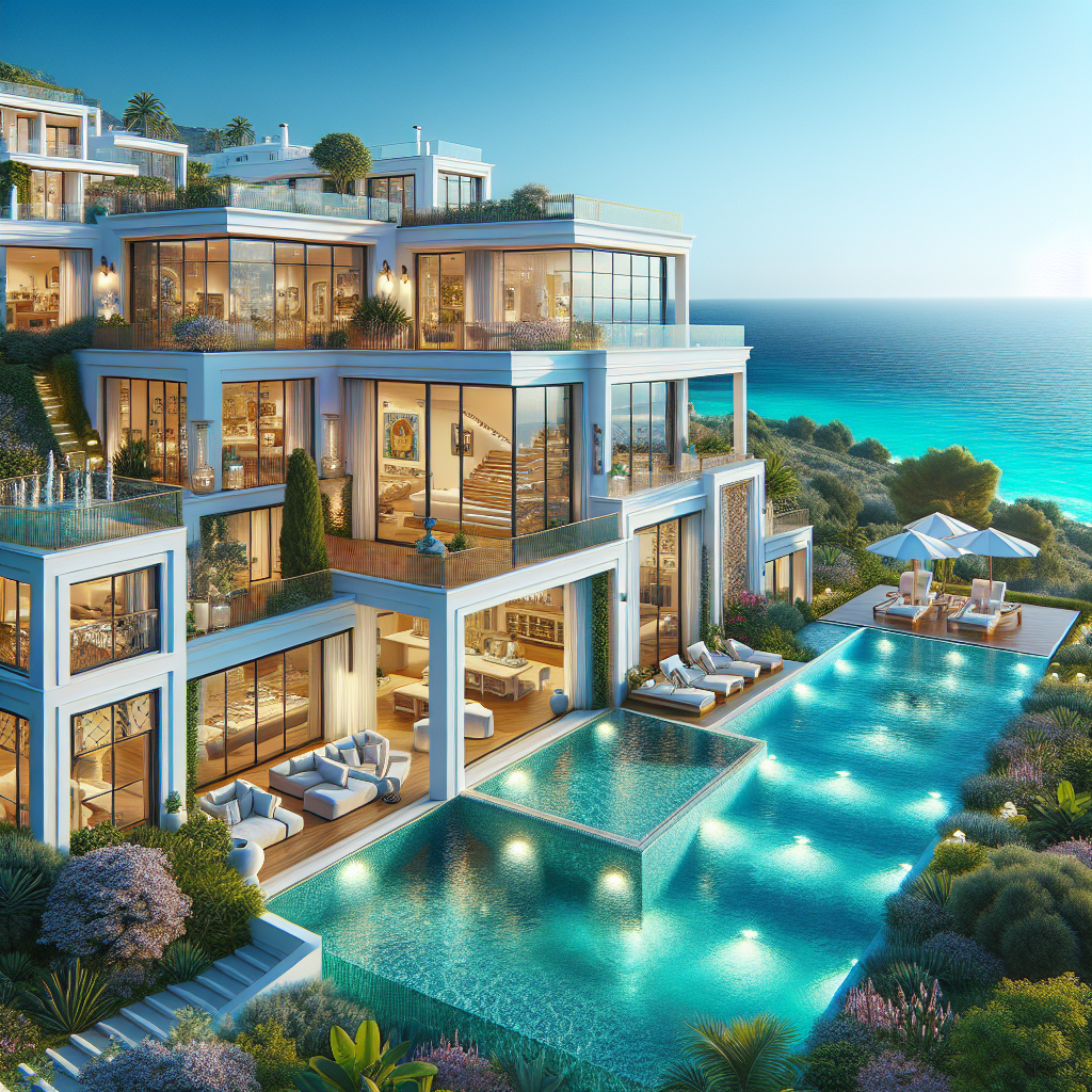 A realistic image of a luxurious Mediterranean-style villa in Tenerife with ocean views, an infinity pool, and lush gardens.