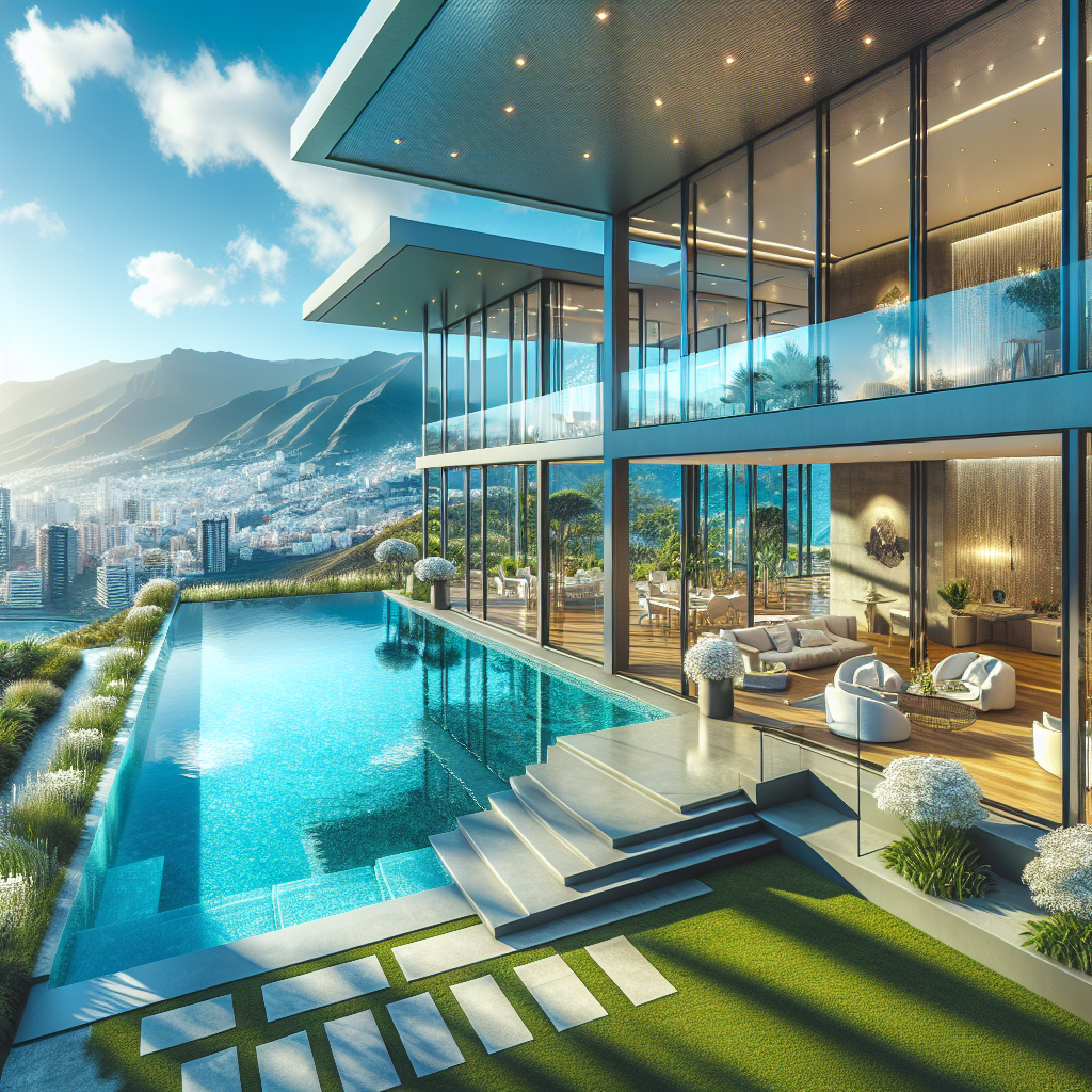 Luxurious modern real estate in Santa Cruz de Tenerife with glass windows, landscaped garden, and swimming pool.