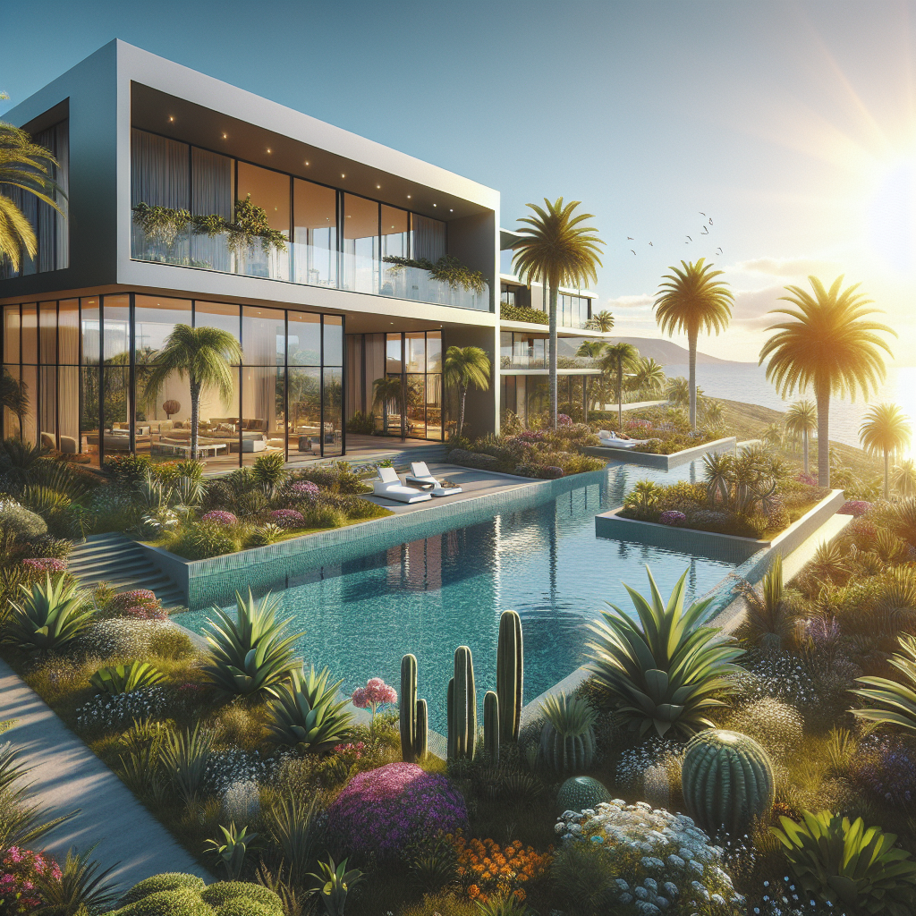 A luxury property in the Canary Islands with modern architecture, ocean views, a swimming pool, and a garden.