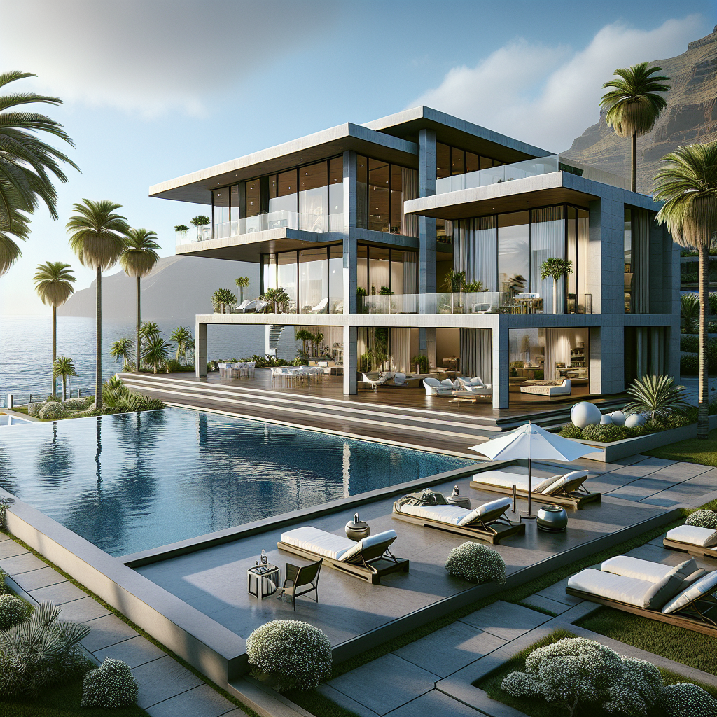 A luxurious real estate property in Tenerife with modern architecture, panoramic ocean views, and a landscaped garden with a swimming pool.