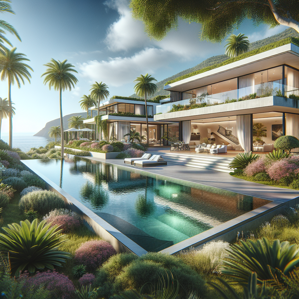 Luxury real estate in the Canary Islands with a modern villa, lush greenery, and ocean view.