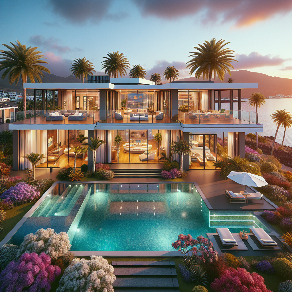 A luxurious villa in the Canary Islands with an ocean view, large glass windows, a terrace, and an infinity pool, surrounded by tropical landscaping during sunset.