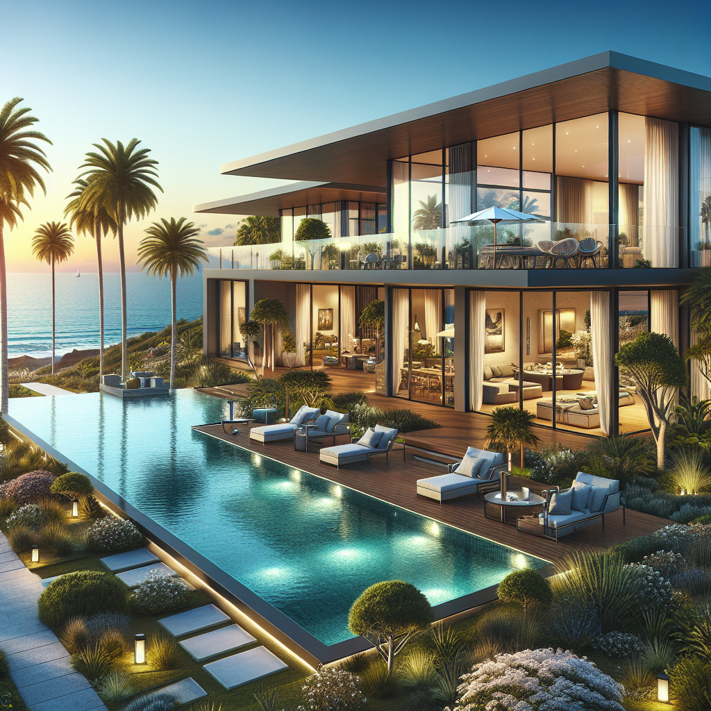A realistic image of a luxury real estate property in Tenerife with modern design, garden, infinity pool, and ocean view.