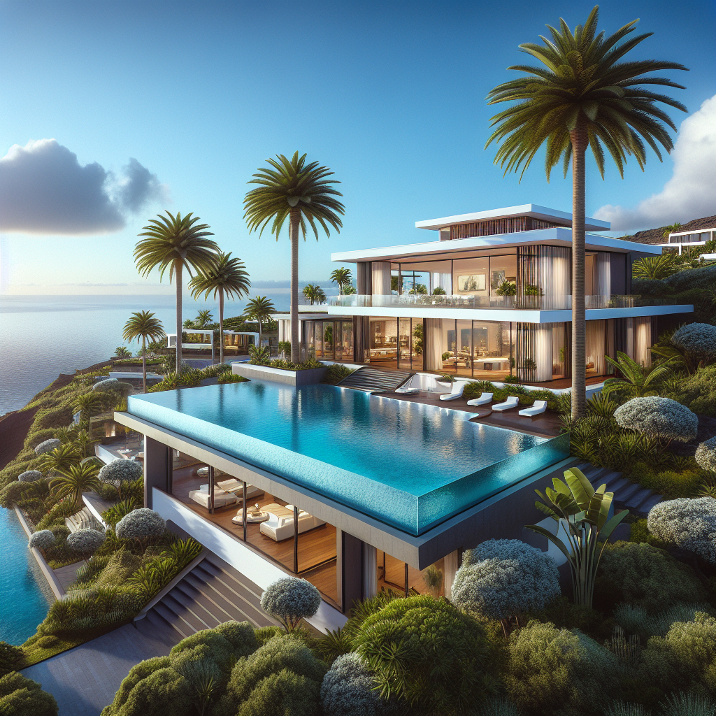 Luxury real estate villa in the Canary Islands with an infinity pool, lush gardens, and ocean view.