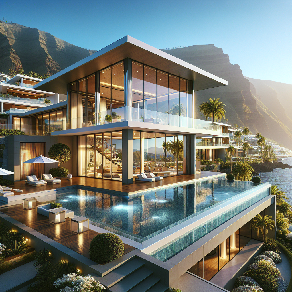 A luxurious, high-end property in Tenerife with modern architecture, large glass windows, spacious balcony, picturesque view, landscaped gardens, and swimming pool.
