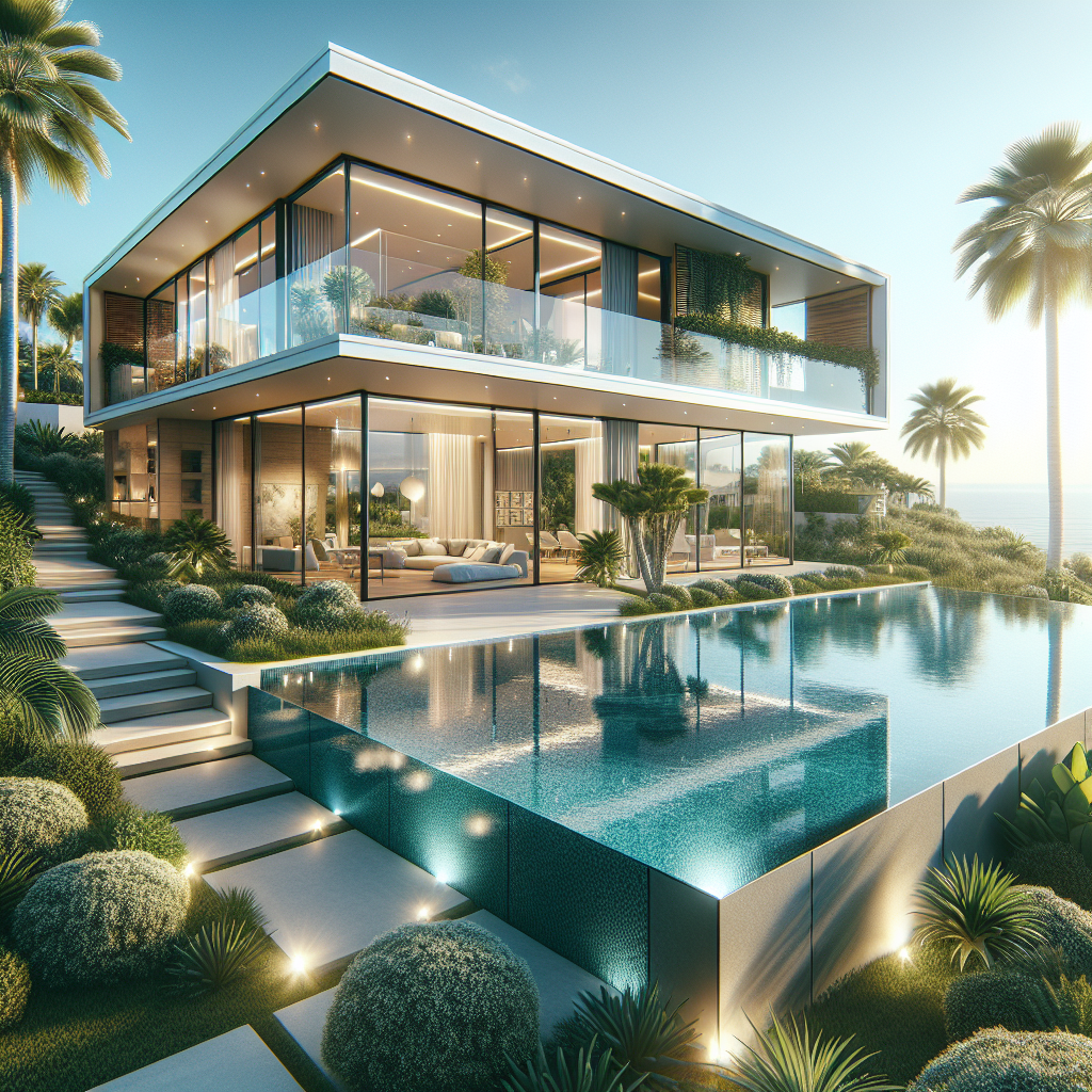 A luxury real estate property in the Canary Islands with modern architecture, lush greenery, and ocean views.