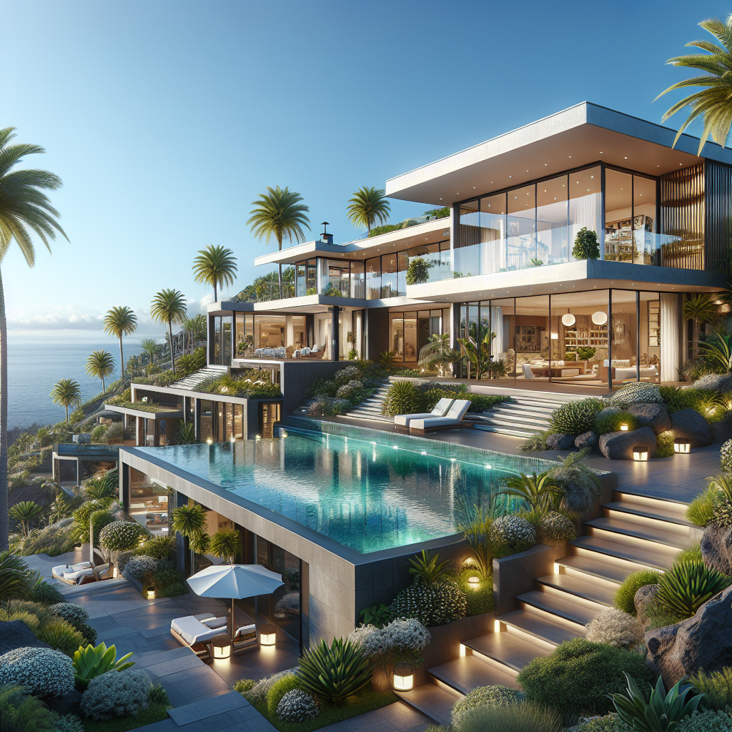 Luxury real estate in Tenerife with modern villa and infinity pool overlooking the ocean.