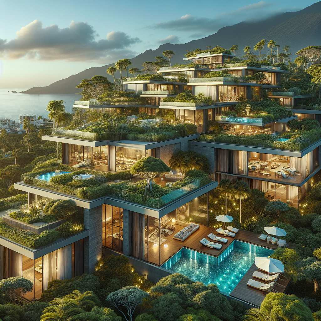 A realistic depiction of luxury homes in Santa Cruz de Tenerife with modern architecture and scenic views.
