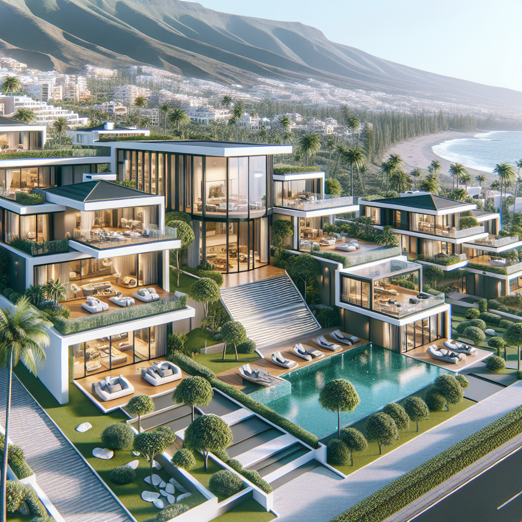 Luxury estates in Tenerife with modern villas, lush greenery, and ocean views.