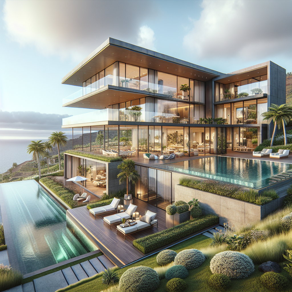 A luxurious high-end property in Tenerife with modern architecture, large windows, an outdoor pool, lush gardens, and an ocean view.