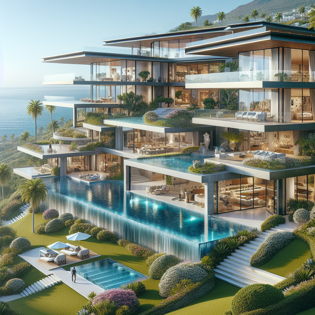 A luxurious estate in Tenerife with modern architecture, ocean view, and lush gardens.