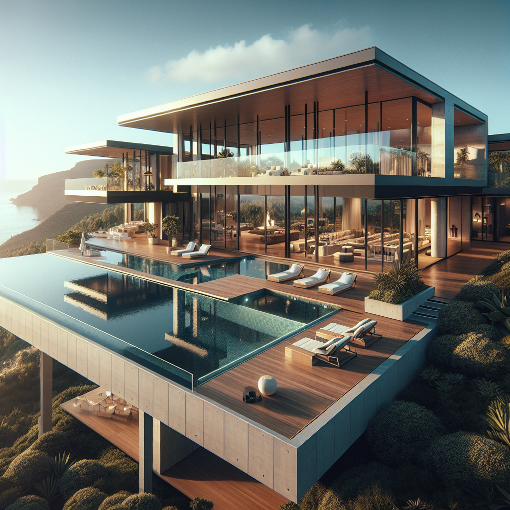 A realistic image of a modern luxury mansion in Tenerife with ocean views, an infinity pool, and lush greenery.