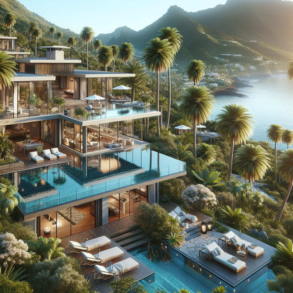 A realistic depiction of a luxury villa in Tenerife with modern architecture, lush greenery, and an ocean view.