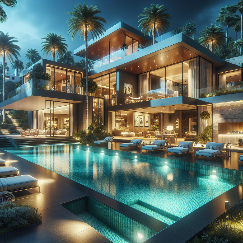 A luxury villa in Tenerife with modern architecture, a swimming pool, sun loungers, and lush garden surroundings.