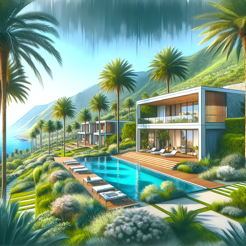 A luxurious villa in Tenerife with a large swimming pool, terrace, and panoramic sea views surrounded by tropical greenery.