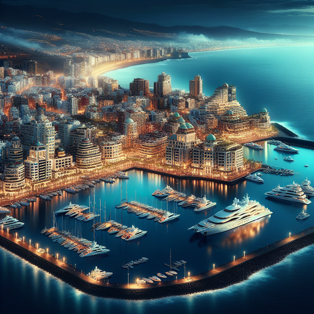 A realistic depiction of the luxurious cityscape of Santa Cruz de Tenerife, featuring high-end architecture and yachts at the marina.