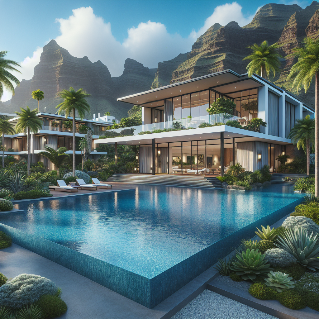A realistic depiction of a luxurious estate in the Canary Islands, featuring modern architecture, lush gardens, and a serene swimming pool.