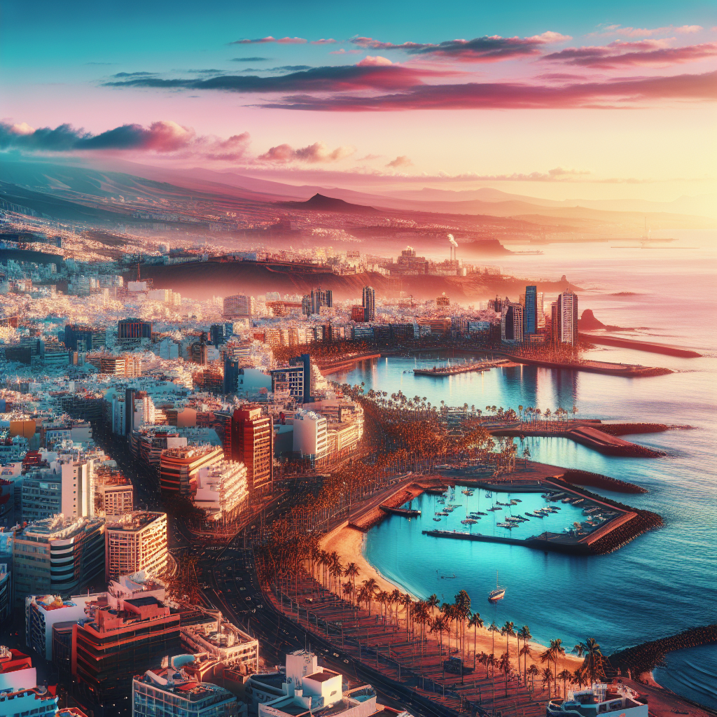 A realistic view of Santa Cruz de Tenerife with coastal skyline, landmarks, vibrant streets, and azure waters.
