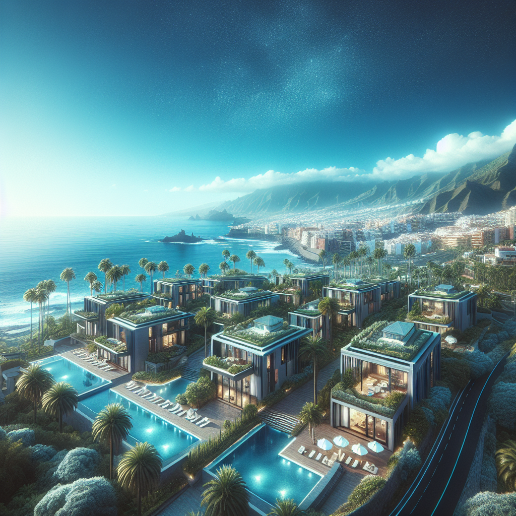 A realistic depiction of real estate in Santa Cruz de Tenerife with modern buildings, clear blue skies, and lush greenery.