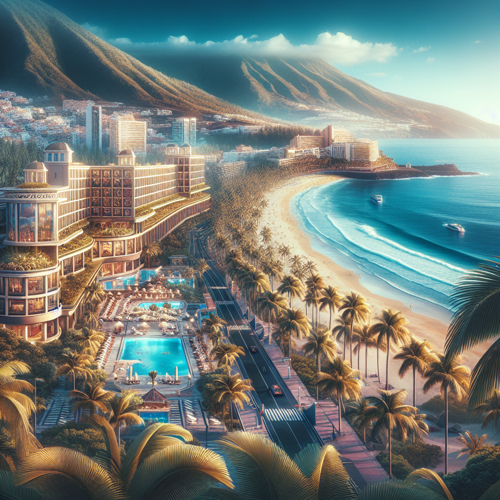 A realistic image of the luxury beachside area in Santa Cruz de Tenerife, featuring a lavish resort, palm trees, sandy beaches, a boardwalk, and a dramatic mountainous background.